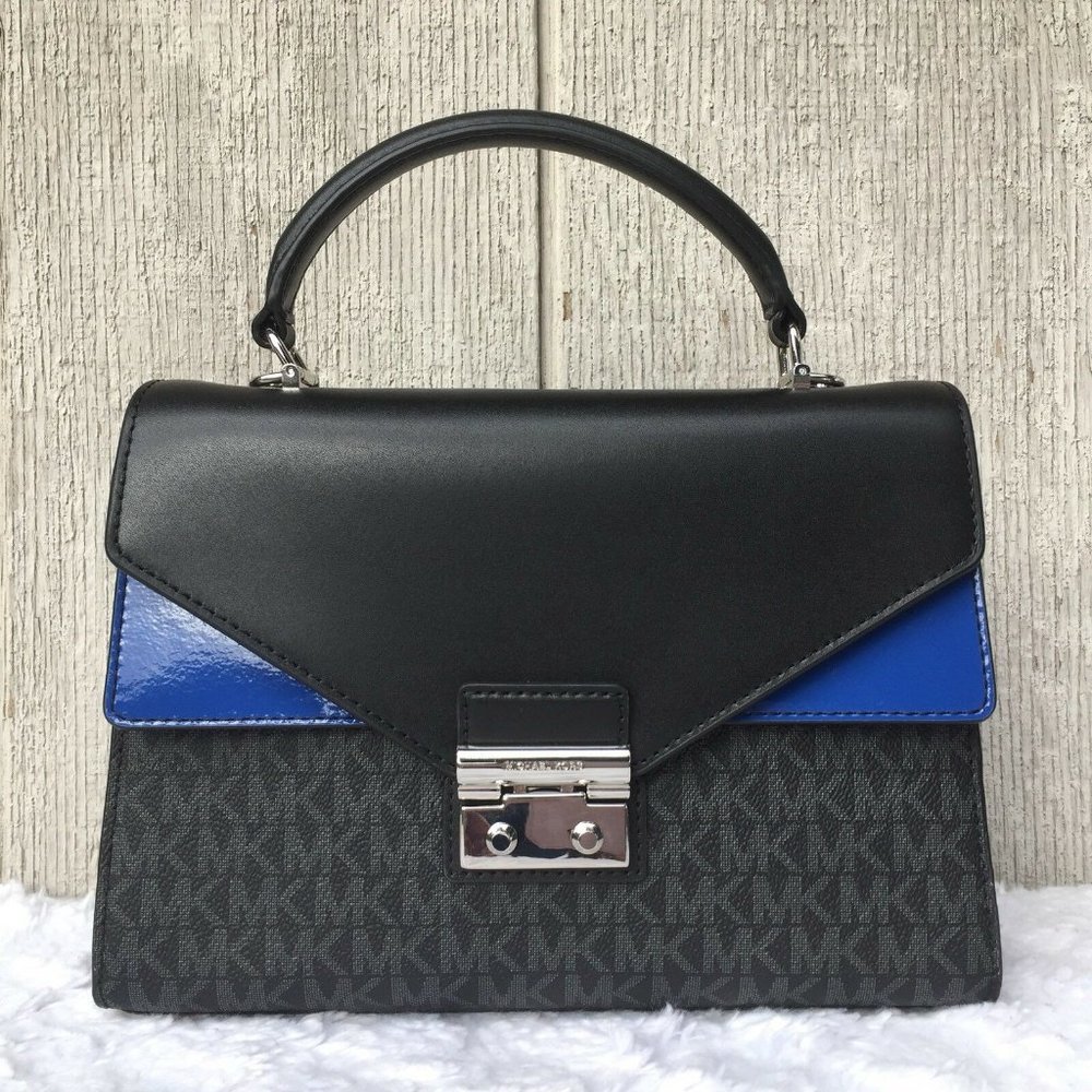 NEW Authentic Michael Kors Sloan Medium Double Flap Leather Satchel Black Blue
